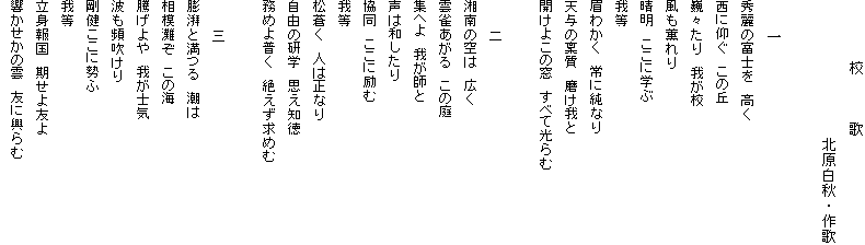 　　　　校　　　歌
　　　　　　　　　北原白秋・作歌

　　一
秀麗の富士を　高く
西に仰ぐ　この丘
巍々たり　我が校
風も薫れり
晴明　ここに学ぶ
我等
眉わかく　常に純なり
天与の稟質　磨け我と
開けよこの窓　すべて光らむ

　　　二
湘南の空は　広く
雲雀あがる　この庭
集へよ　我が師と
声は和したり
協同　ここに励む
我等
松蒼く　人は正なり
自由の研学　思え知徳
務めよ普く　絶えず求めむ

　　　三
膨湃と満つる　潮は
相模灘ぞ　この海
騰げよや　我が士気
波も頻吹けり
剛健ここに勢ふ
我等
立身報国　期せよ友よ
響かせかの雲　友に興らむ